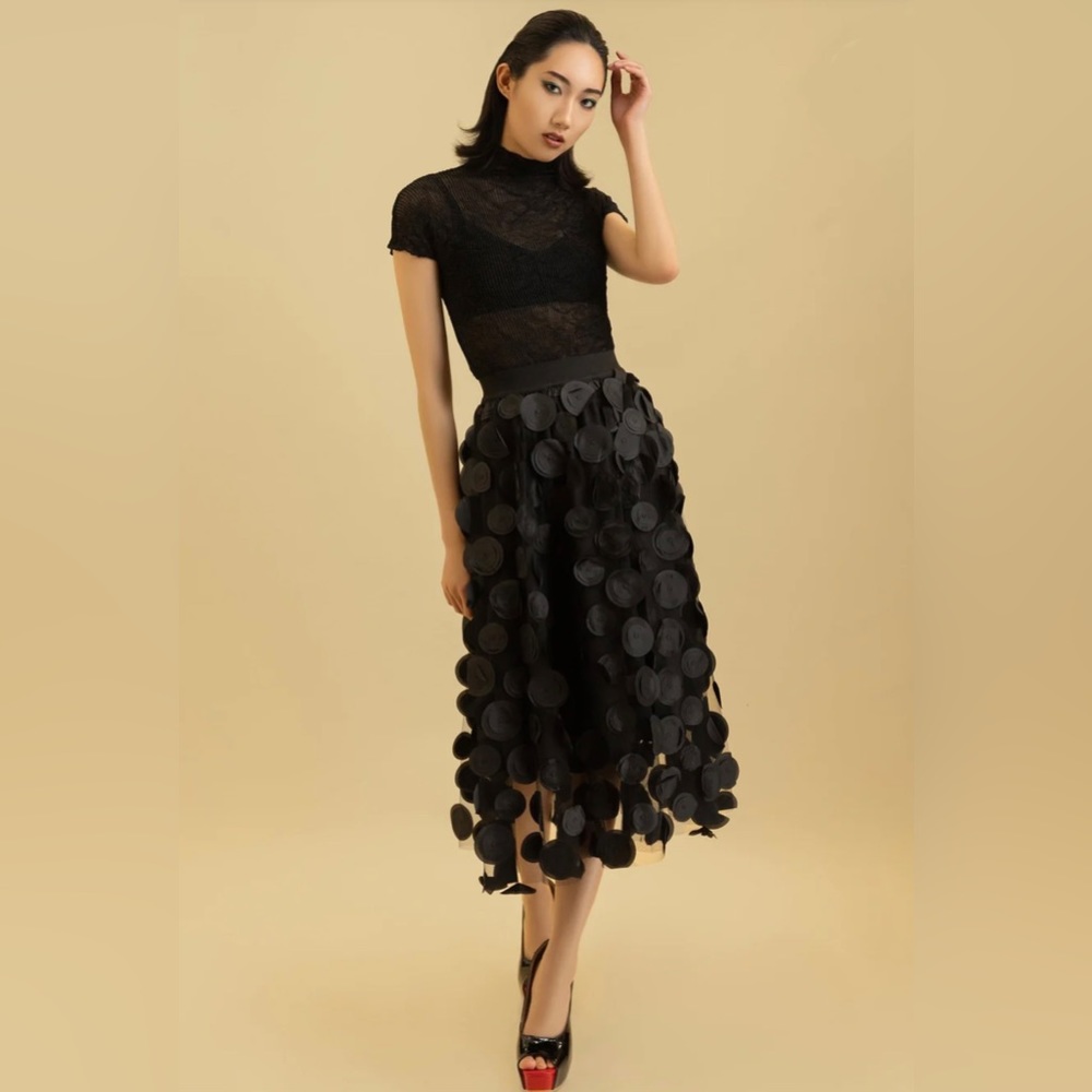 kate hewko sheer black polka dot midi skirt, women’s S